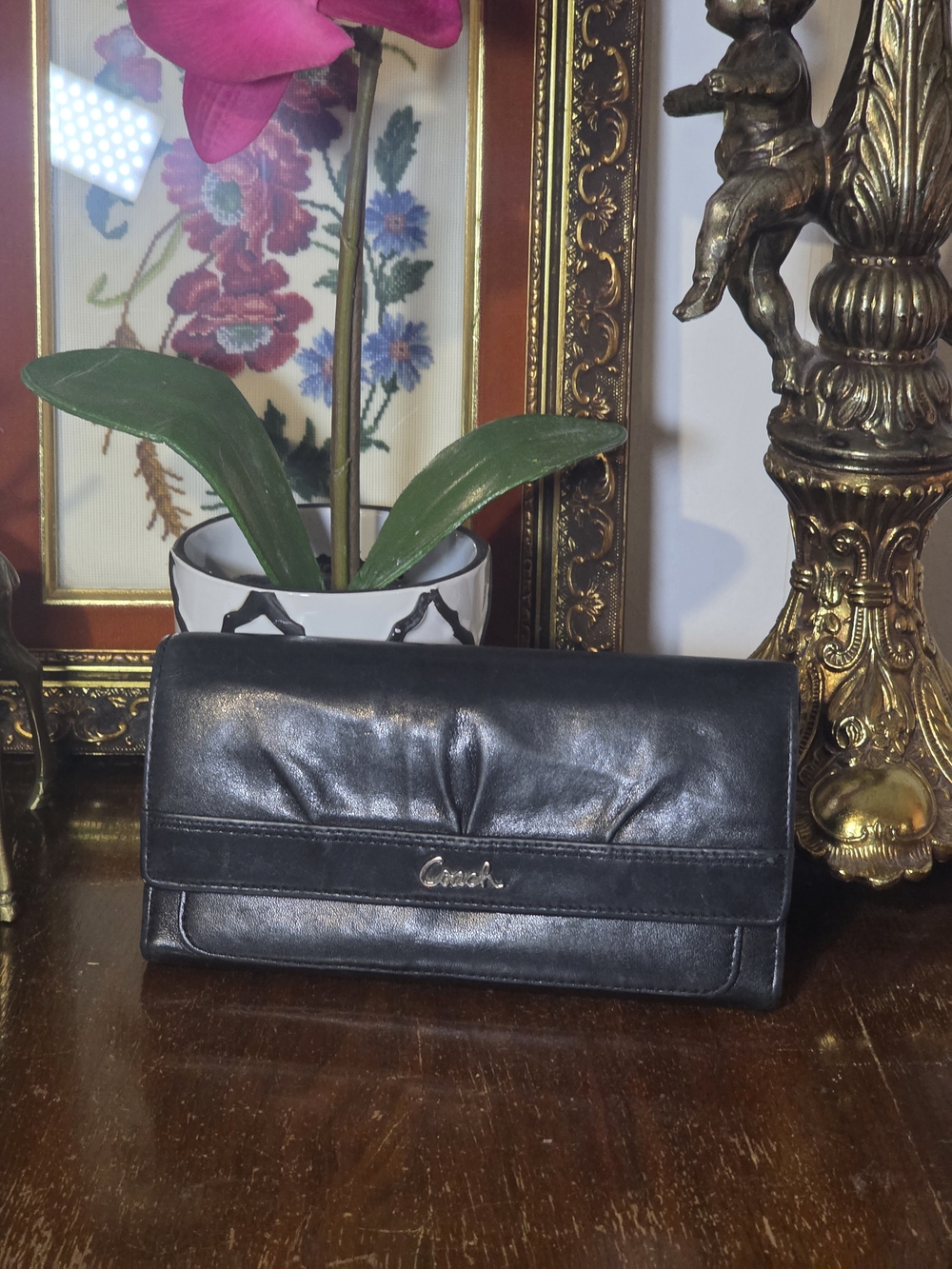 Coach Black Leather Fold-Over Wallet Clutch